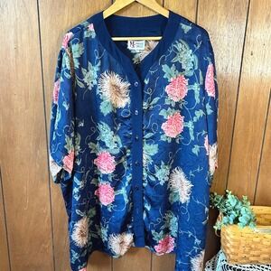 Vintage Maggie‎ Sweet Navy Floral Print Button Up Shirt Blouse Top Women's 2X